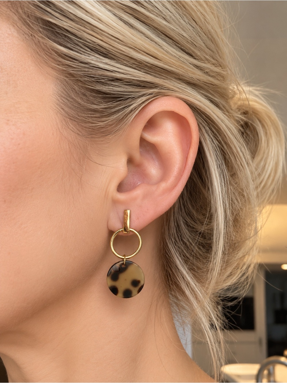 Gold Tone Tortoiseshell Disc Drop Earrings, Geometric Hoop